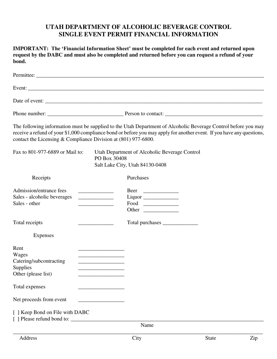 Utah Single Event Permit Financial Information Form Fill Out, Sign