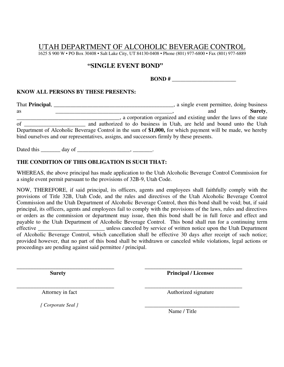 Utah Single Event Bond Form - Fill Out, Sign Online and Download PDF ...