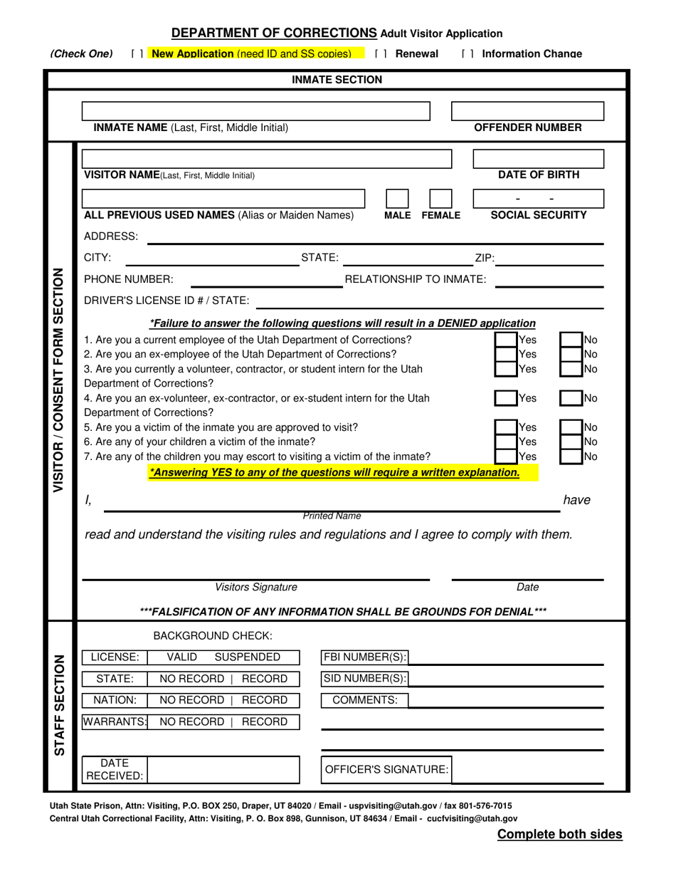 Adult Visitor Application Form - Utah, Page 1