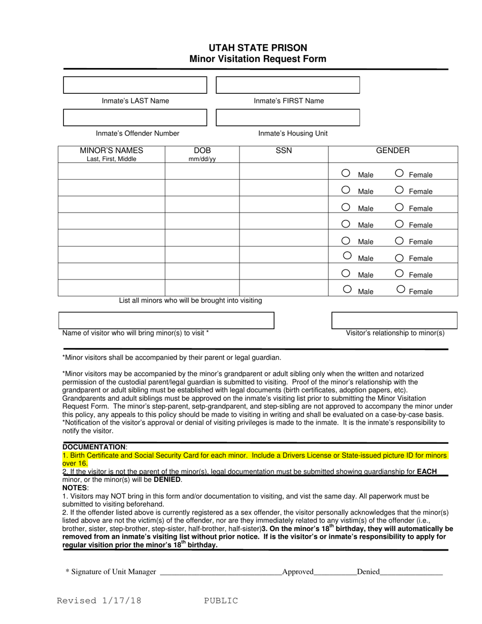 Utah State Prison Minor Visitation Request Form - Utah, Page 1