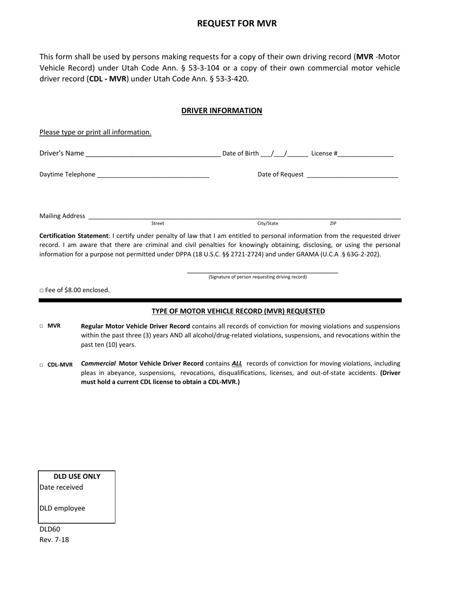 Form DLD60 Request for Mvr - Utah, Page 1