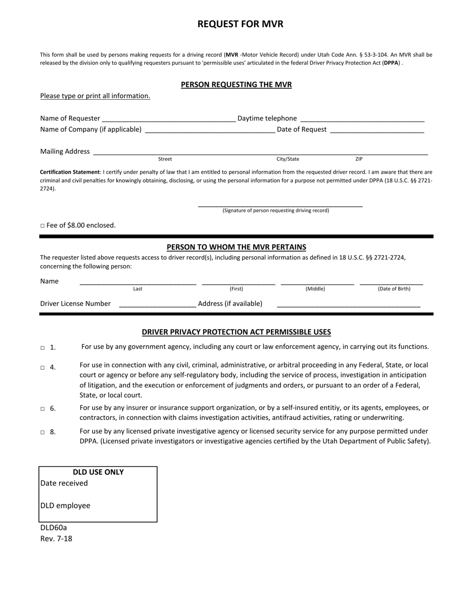 Form DLD60A Request for Mvr - Utah, Page 1