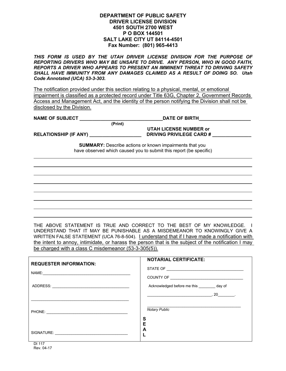 Form DI117 Unsafe Driver Review - Utah, Page 1