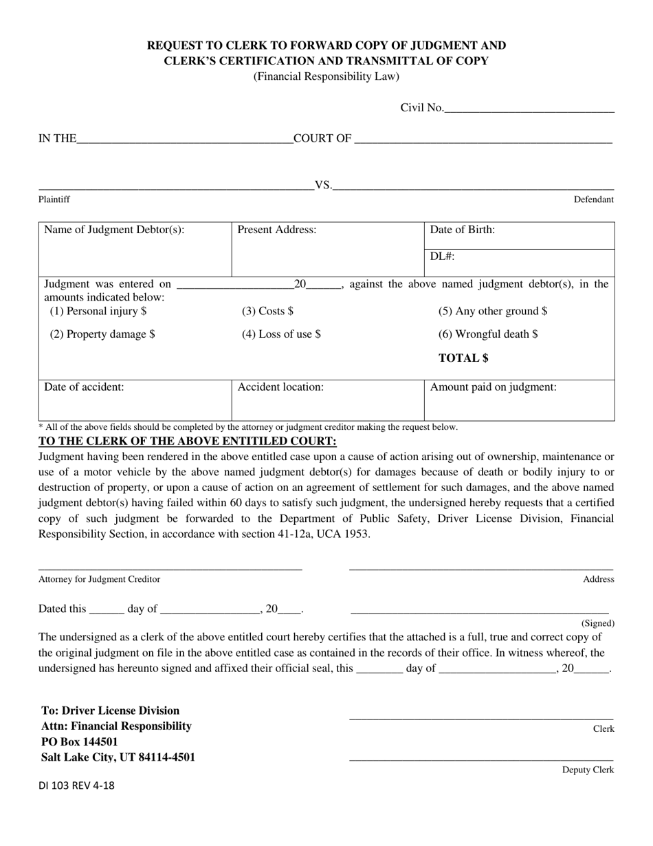 Form DI103 - Fill Out, Sign Online and Download Printable PDF, Utah ...