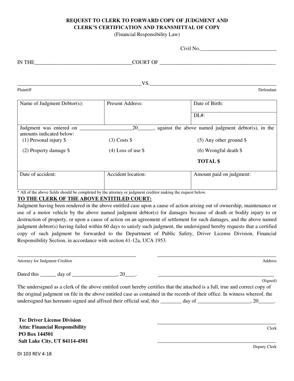 Form DI103 Request to Clerk to Forward Copy of Judgment and Clerks Certification and Transmittal of Copy - Utah, Page 1