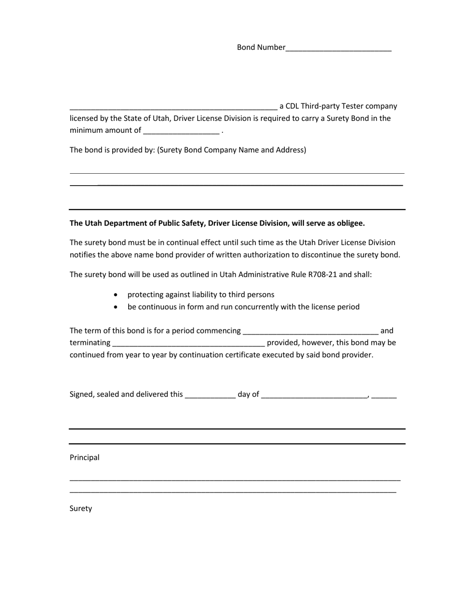 Surety Bond Form - Utah, Page 1