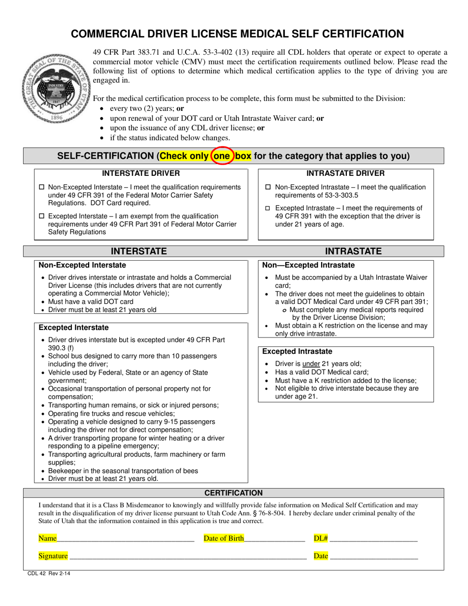 Form CDL42 Commercial Driver License Medical Self Certification - Utah, Page 1