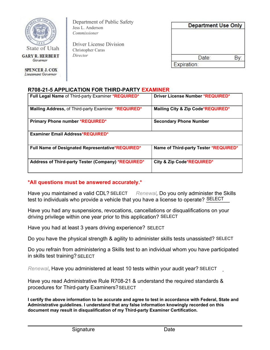 R708-21-5 Application for Third-Party Examiner - Utah, Page 1