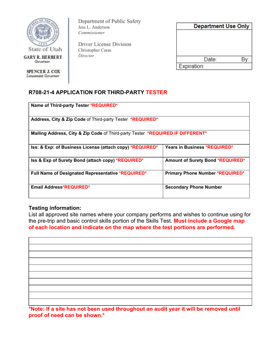 Form R708-21-4 Application for Third-Party Tester - Utah, Page 1