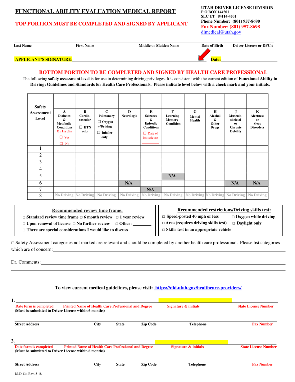Form DLD134 Functional Ability Evaluation Medical Report - Utah, Page 1
