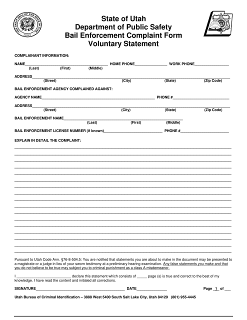 Bail Enforcement Complaint Form Voluntary Statement - Utah Download Pdf