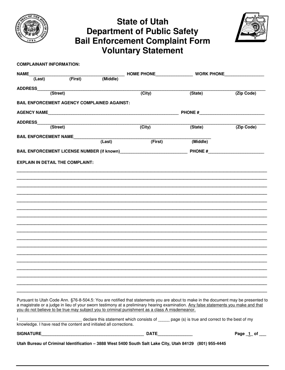 Bail Enforcement Complaint Form Voluntary Statement - Utah, Page 1