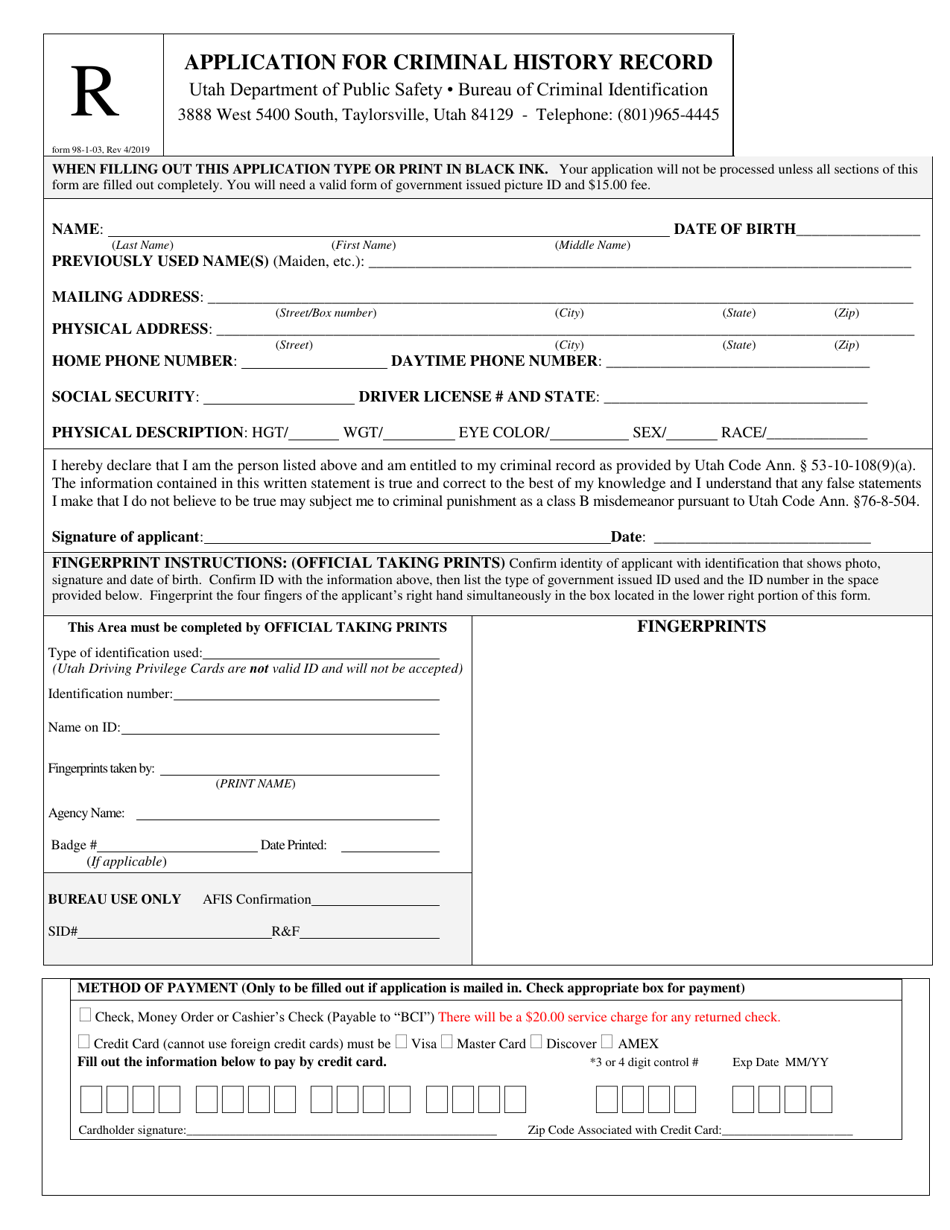 Form 98-1-03 Application for Criminal History Record - Utah, Page 2