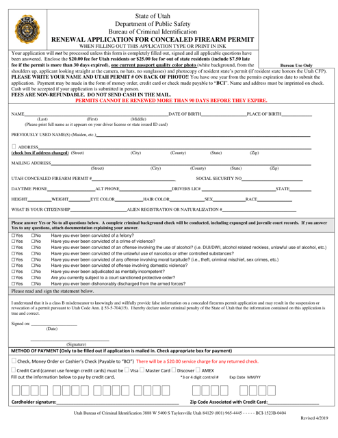 Renewal Application for Concealed Firearm Permit - Utah Download Pdf
