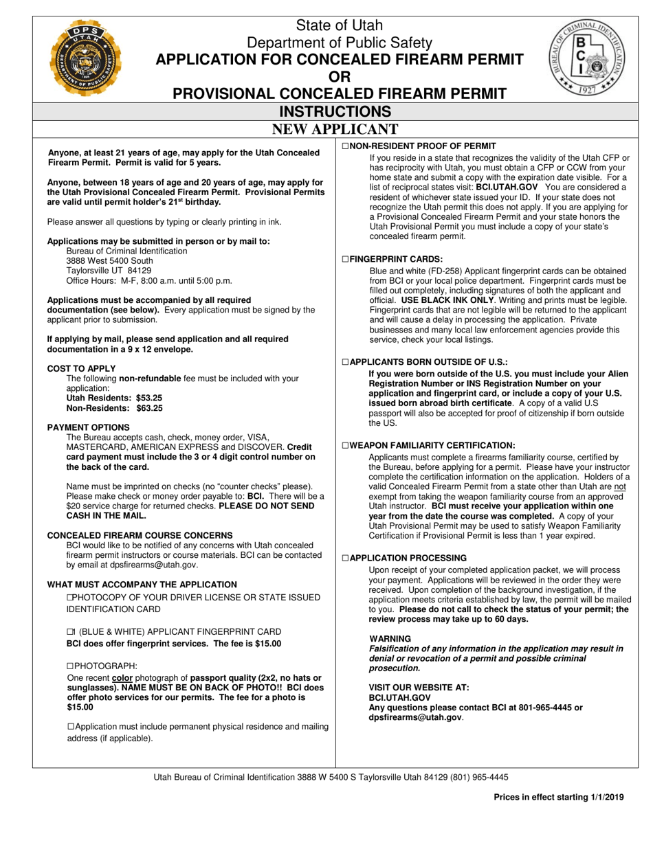 Utah Application for Concealed Firearm Permit or Provisional Concealed