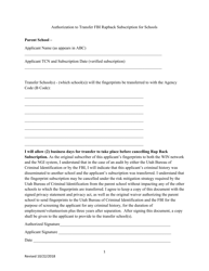 Document preview: Authorization to Transfer Fbi Rapback Subscription for Schools - Utah