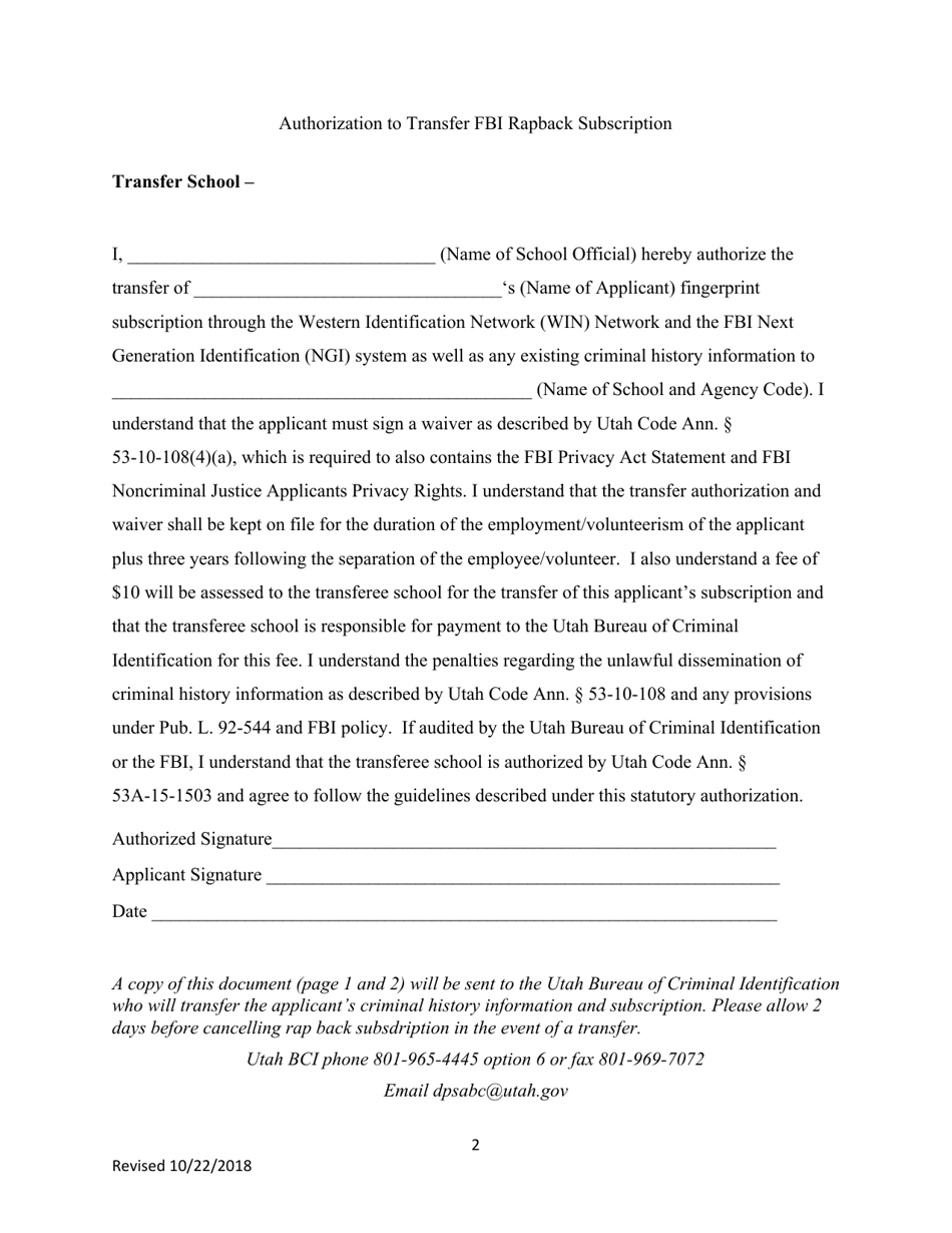 Authorization to Transfer Fbi Rapback Subscription for Schools - Utah, Page 2