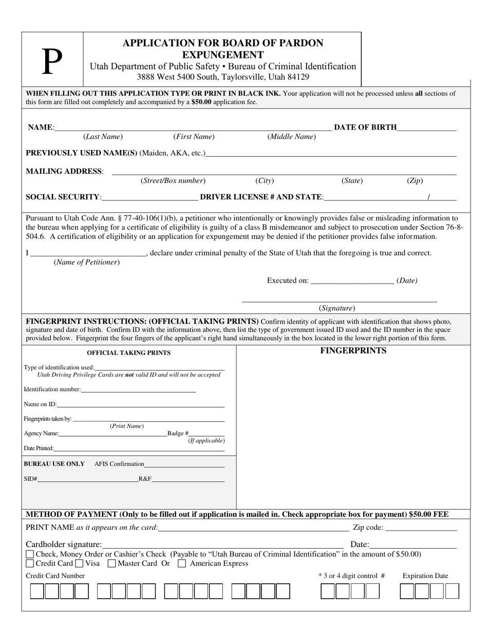 Application for Board of Pardon Expungement - Utah, Page 1