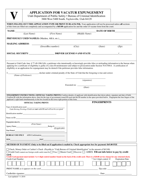 Application for Vacatur Expungement - Utah Download Pdf