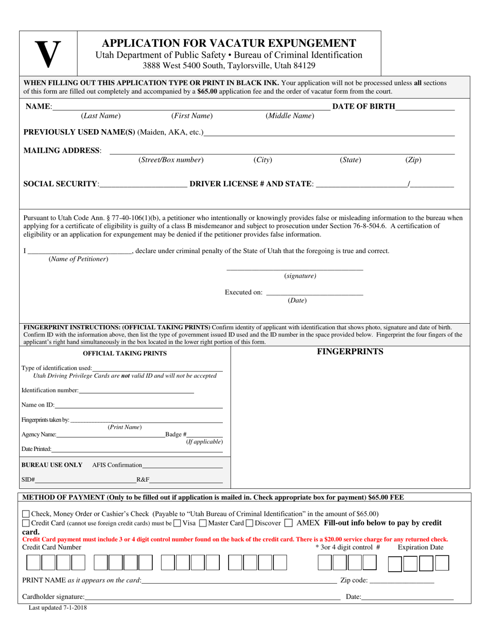 Application for Vacatur Expungement - Utah, Page 1
