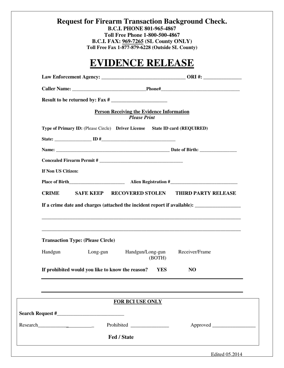 Request for Firearm Transaction Background Check - Evidence Release Form - Utah, Page 1
