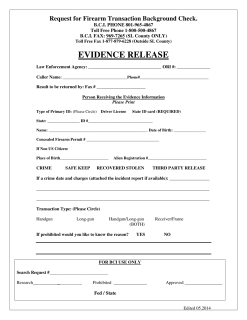 Request for Firearm Transaction Background Check - Evidence Release Form - Utah