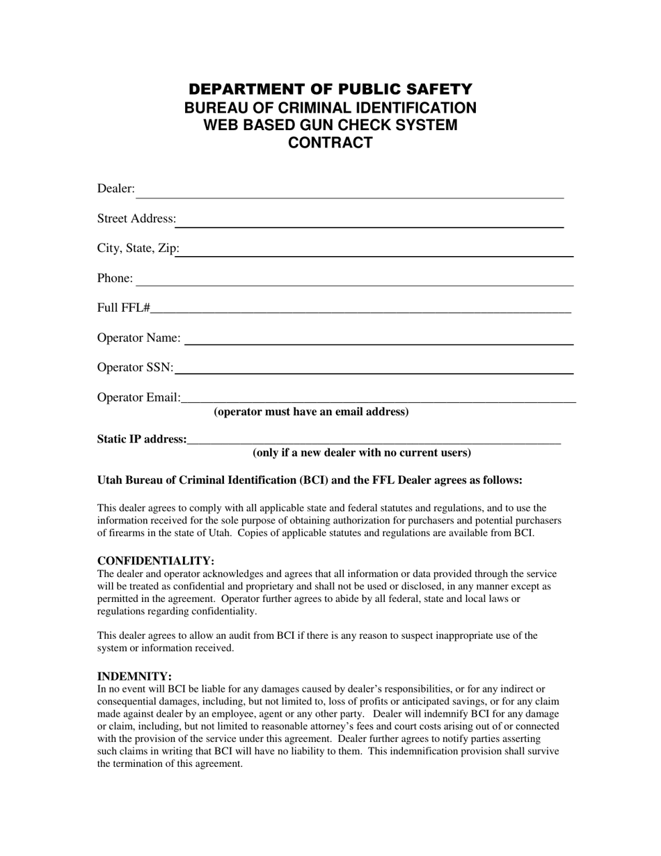 Web Based Gun Check System Contract Form - Utah, Page 1