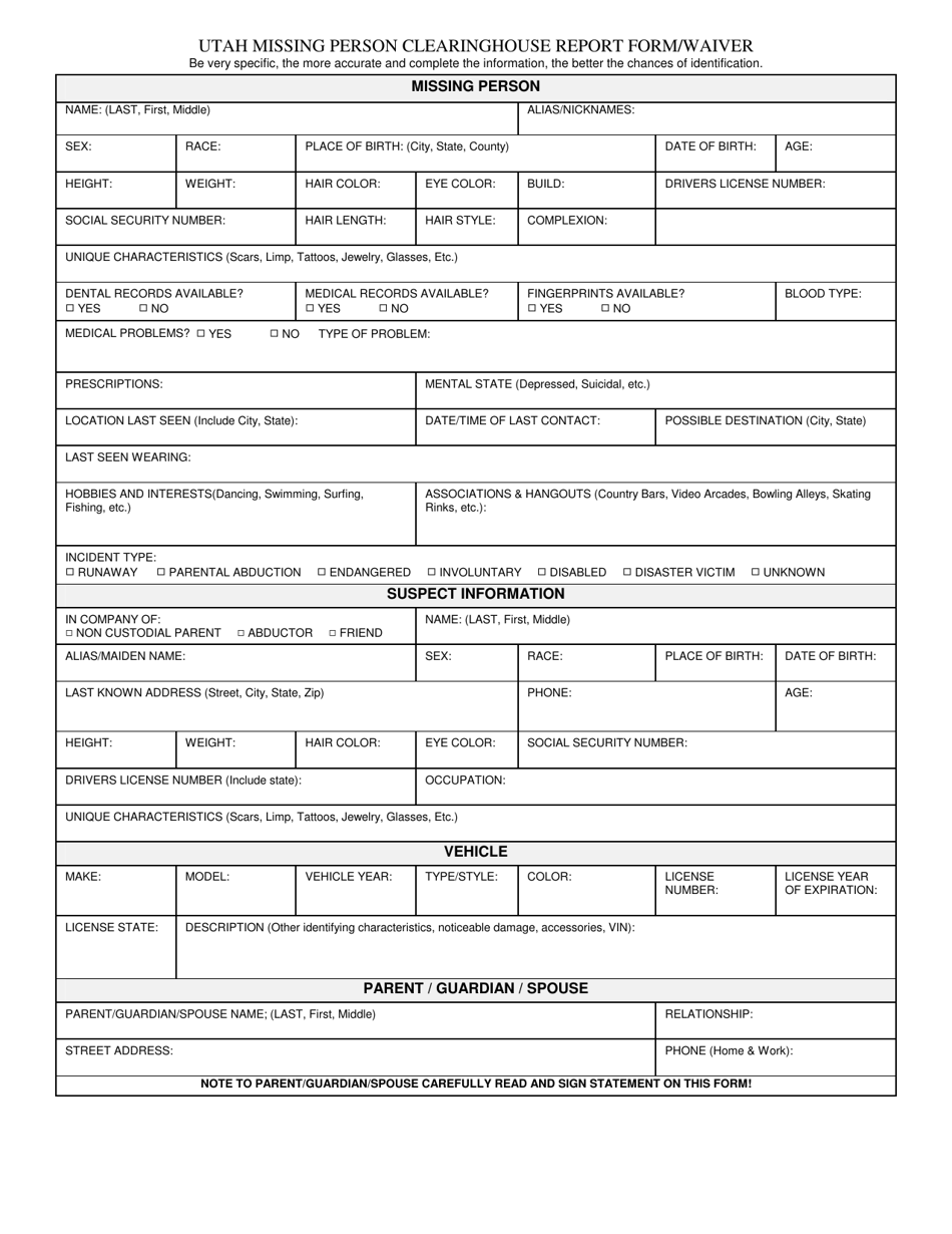 Utah Utah Missing Person Clearinghouse Report Form/Waiver - Fill Out ...