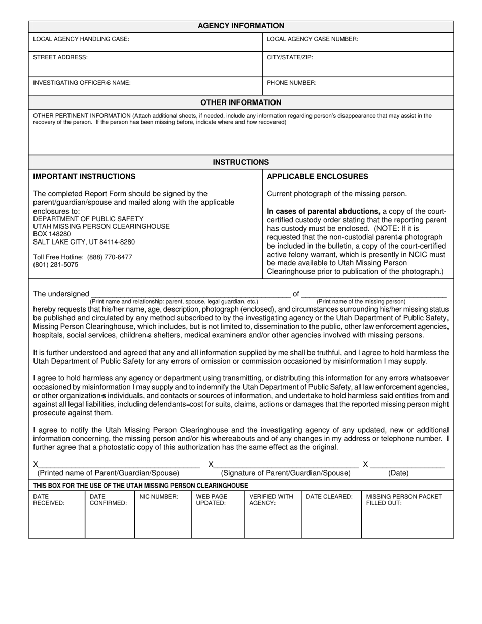 Utah Missing Person Clearinghouse Report Form / Waiver - Utah, Page 3