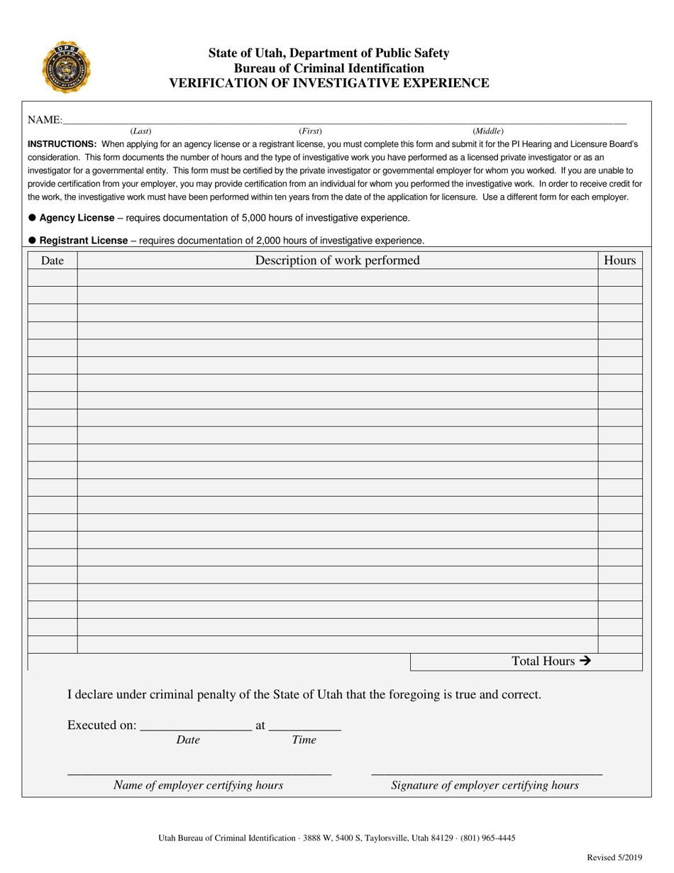 Verification of Investigative Experience - Utah, Page 1