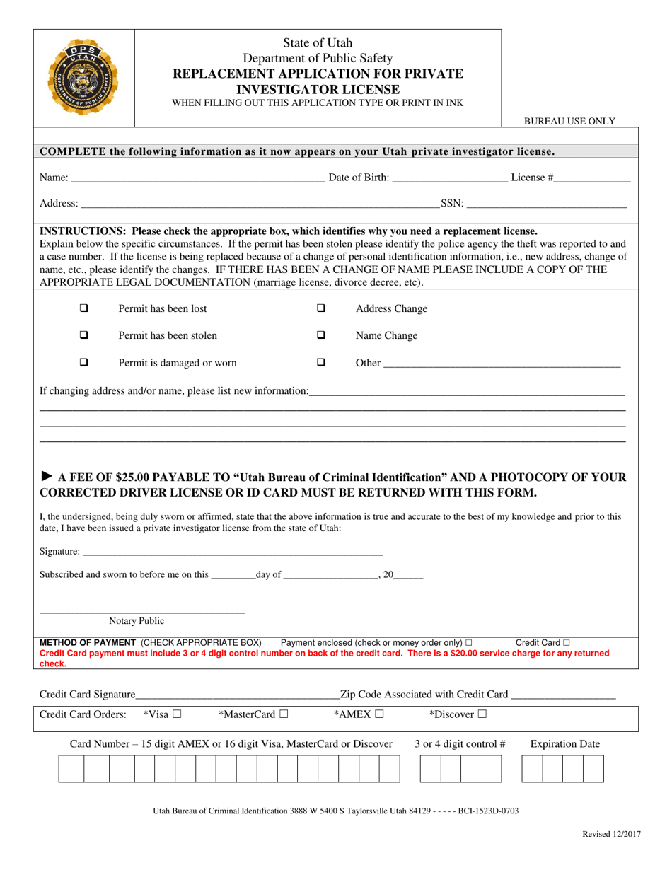 Replacement Application for Private Investigator License - Utah, Page 1