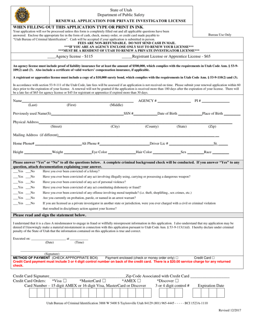 Renewal Application for Private Investigator License - Utah Download Pdf