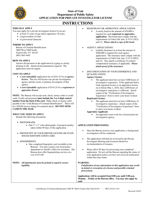 Application for Private Investigator License - Utah Download Pdf