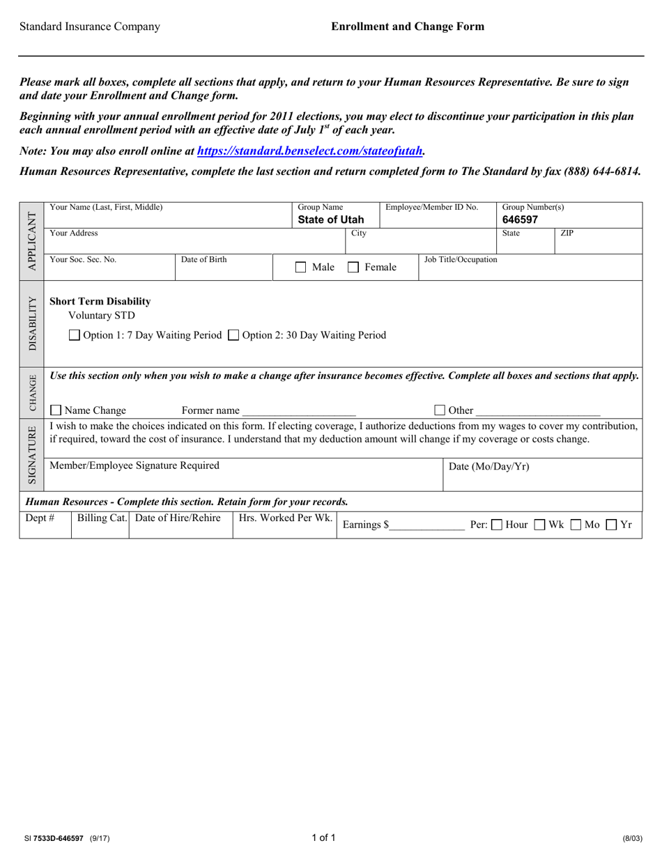 Form SI7533D-646597 Short Term Disability Enrollment and Change Form - Utah, Page 1