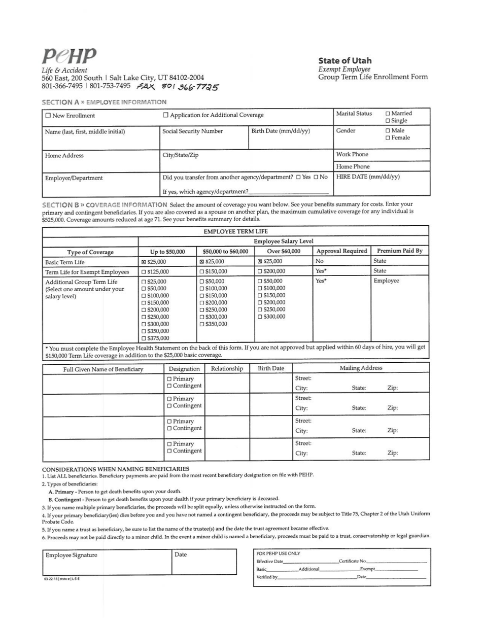 Exempt Employee Group Term Life Enrollment Form - Utah, Page 1