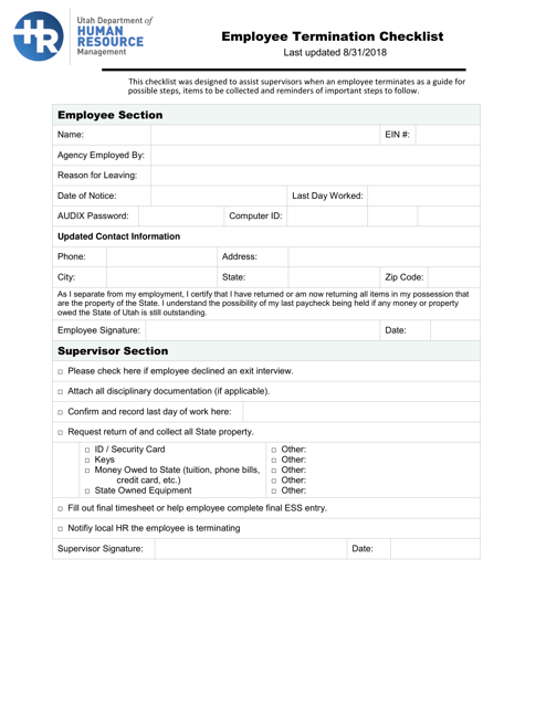 Employee Termination Checklist - Utah Download Pdf