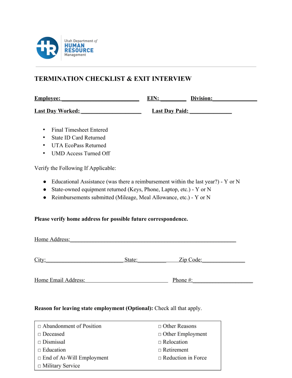 Termination Checklist  Exit Interview Form - Utah, Page 1
