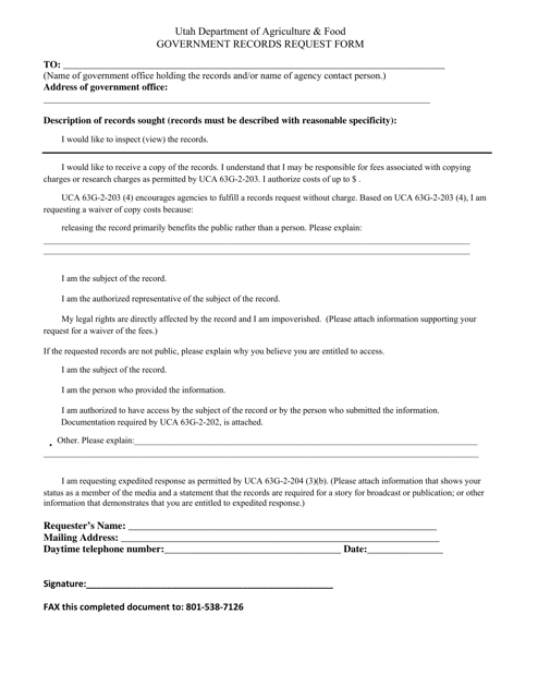 Government Records Request Form - Utah Download Pdf