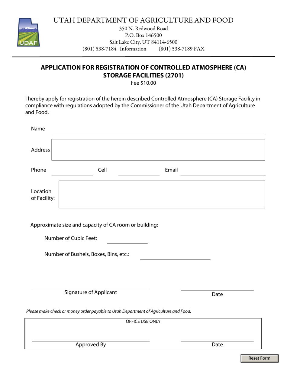 Form 2701 Application for Registration of Controlled Atmosphere (Ca) Storage Facilities - Utah, Page 1