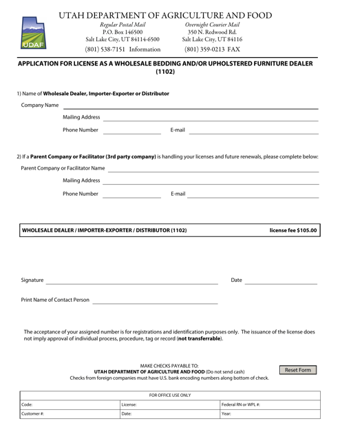 Form 1102 Application for License as a Wholesale Bedding and/or Upholstered Furniture Dealer - Utah