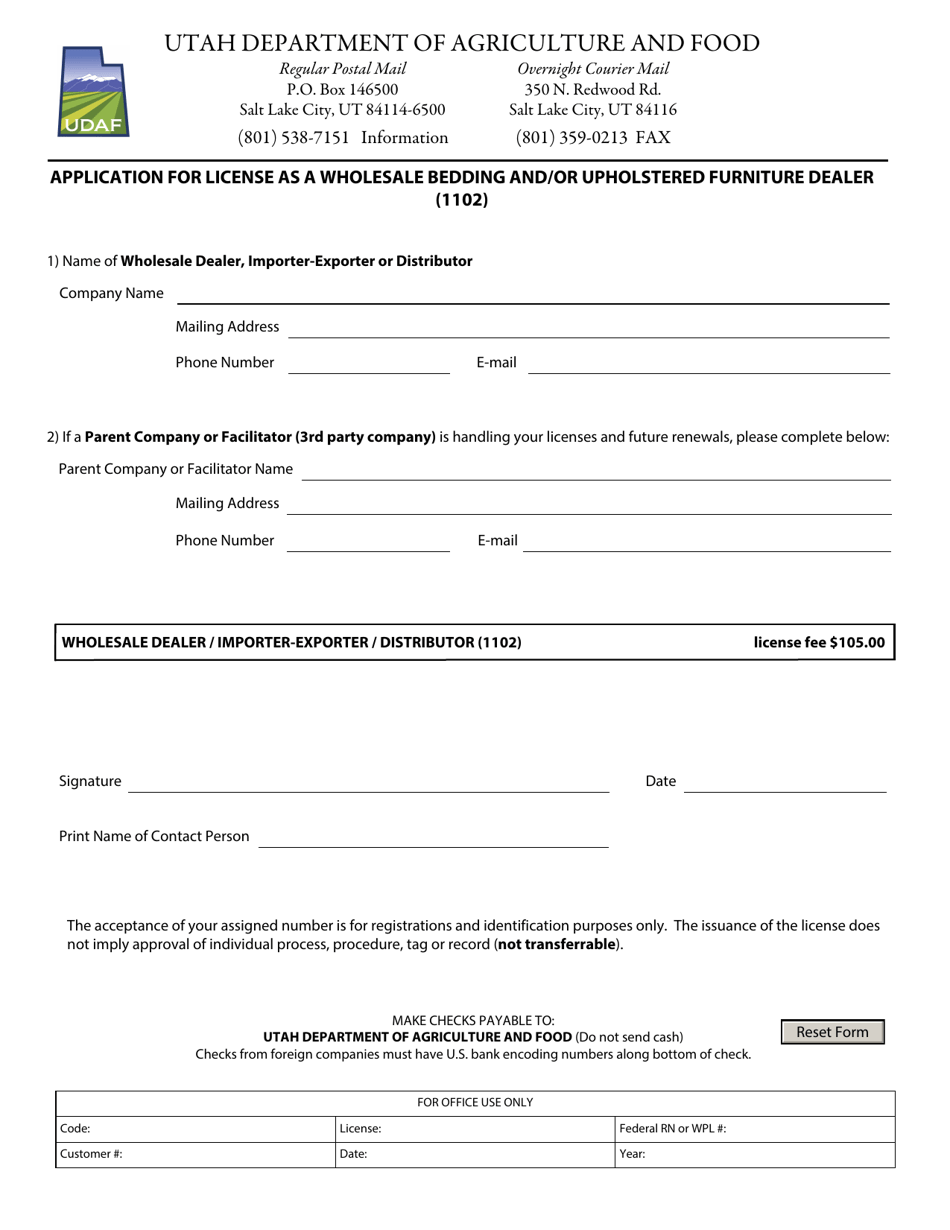 Form 1102 Application for License as a Wholesale Bedding and / or Upholstered Furniture Dealer - Utah, Page 1