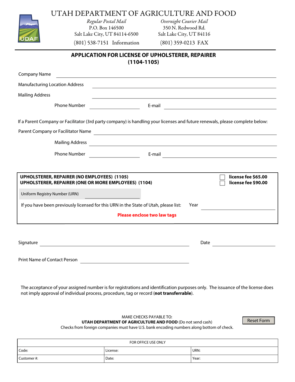 Application for License of Upholsterer, Repairer (1104-1105) - Utah, Page 1