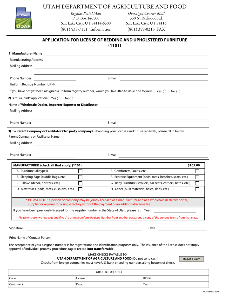 Form 1101 Application for License of Bedding and Upholstered Furniture - Utah, Page 1