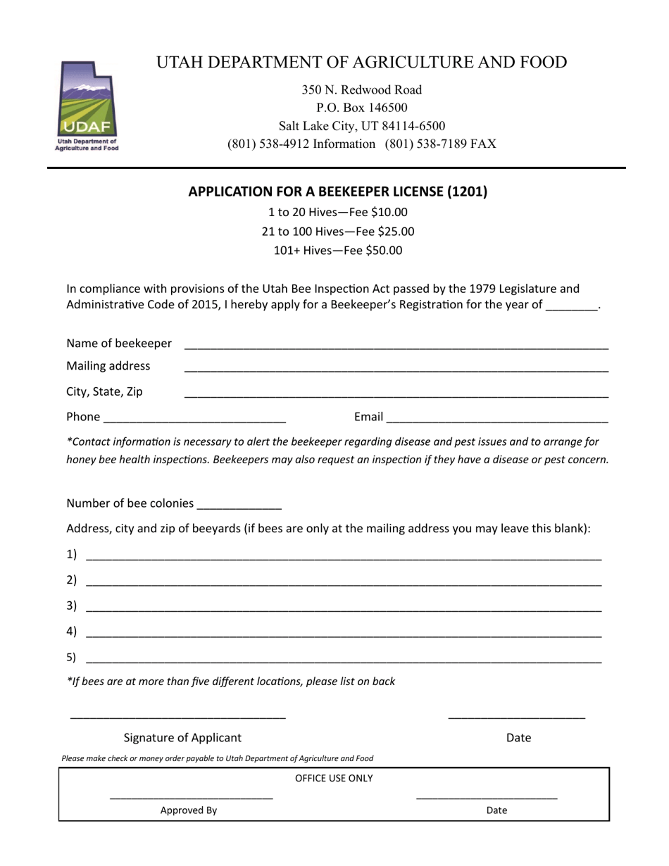 Form 1201 Application for a Beekeeper License - Utah, Page 1