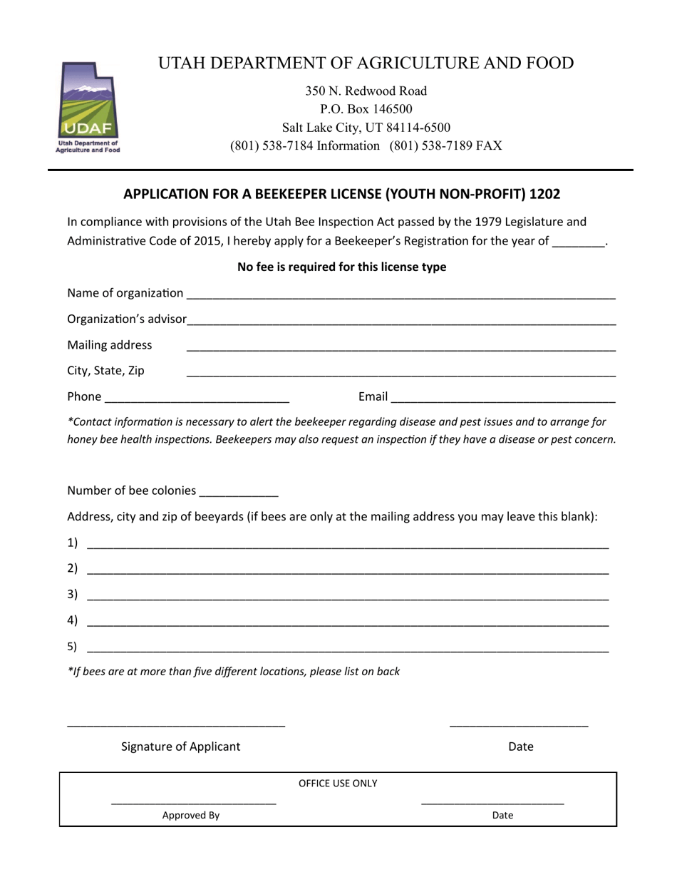 Application for a Beekeeper License (Youth Non-profit) 1202 - Utah, Page 1