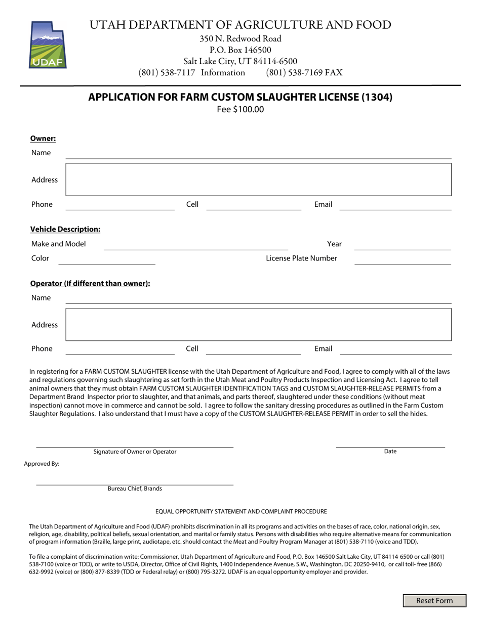 Application for Farm Custom Slaughter License (1304) - Utah, Page 1