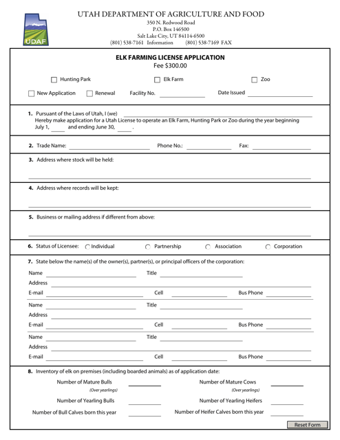 Elk Farming License Application Form - Utah Download Pdf