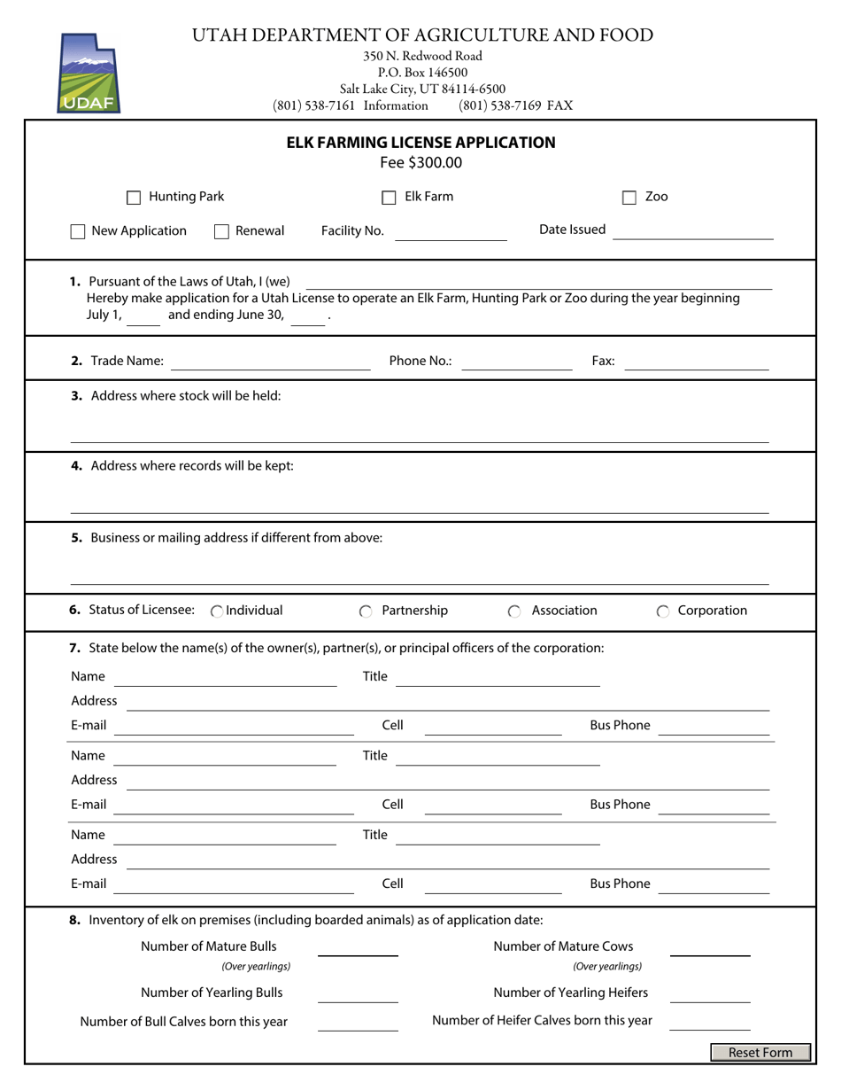 Elk Farming License Application Form - Utah, Page 1