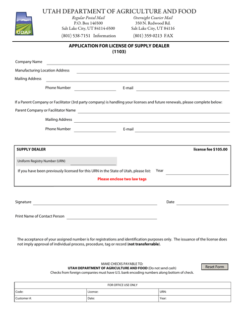 Application for License of Supply Dealer (1103) - Utah Download Pdf