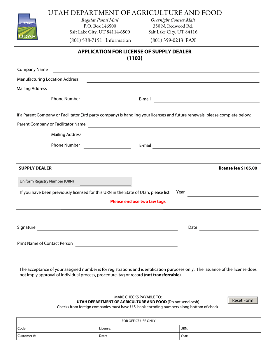 Application for License of Supply Dealer (1103) - Utah, Page 1